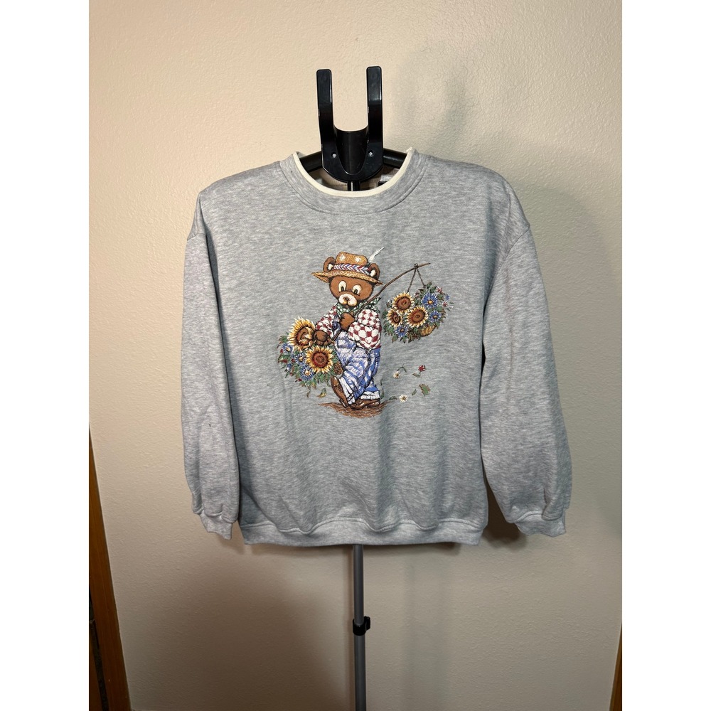 Vintage Basic Editions Bear Sunflower Graphic Sweatshirt Grey Large Cottagecore